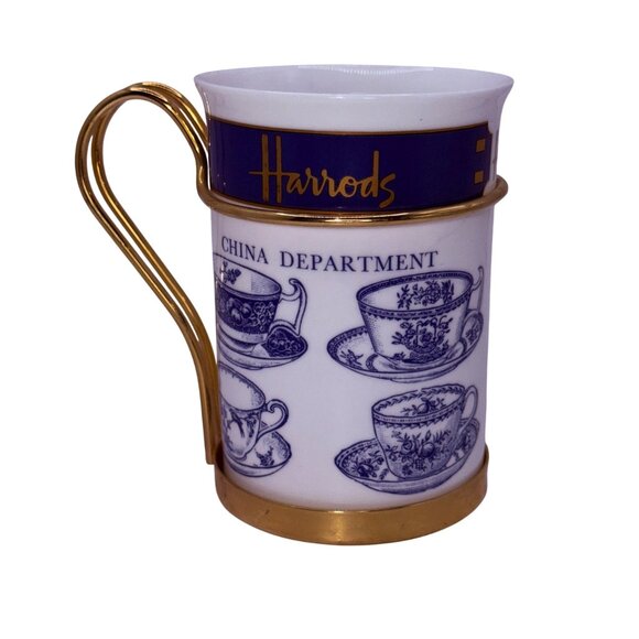 Vintage Harrods Fine Bone China Department Mug Blue Teacup Brass Holder - Picture 3 of 4